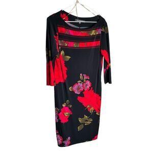 Jones Wear Floral Bodycon Dress 3/4 Sleeve Stretch Black Red Womens Size 12